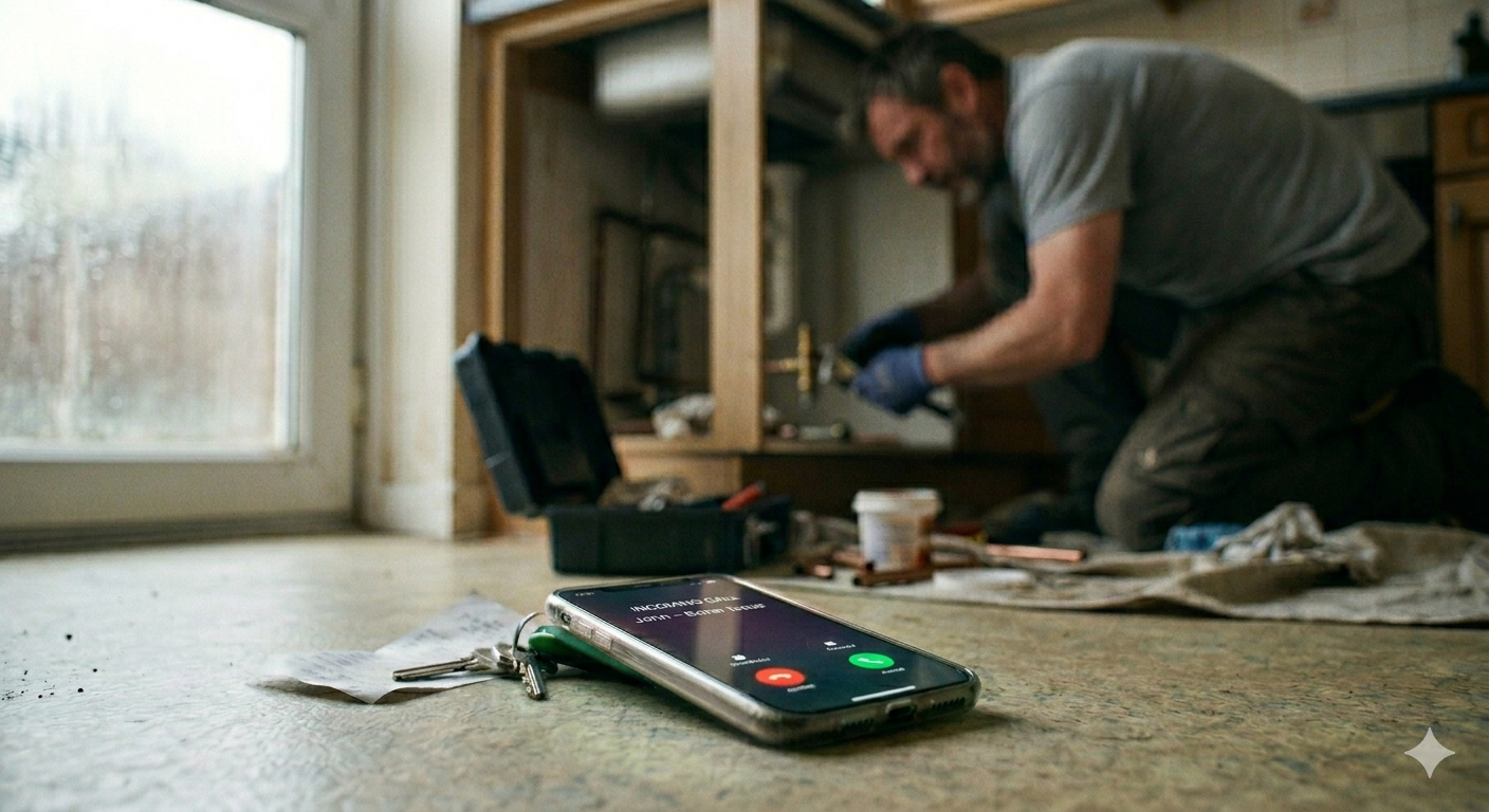Phone ringing on the floor while tradesman works — the missed call moment