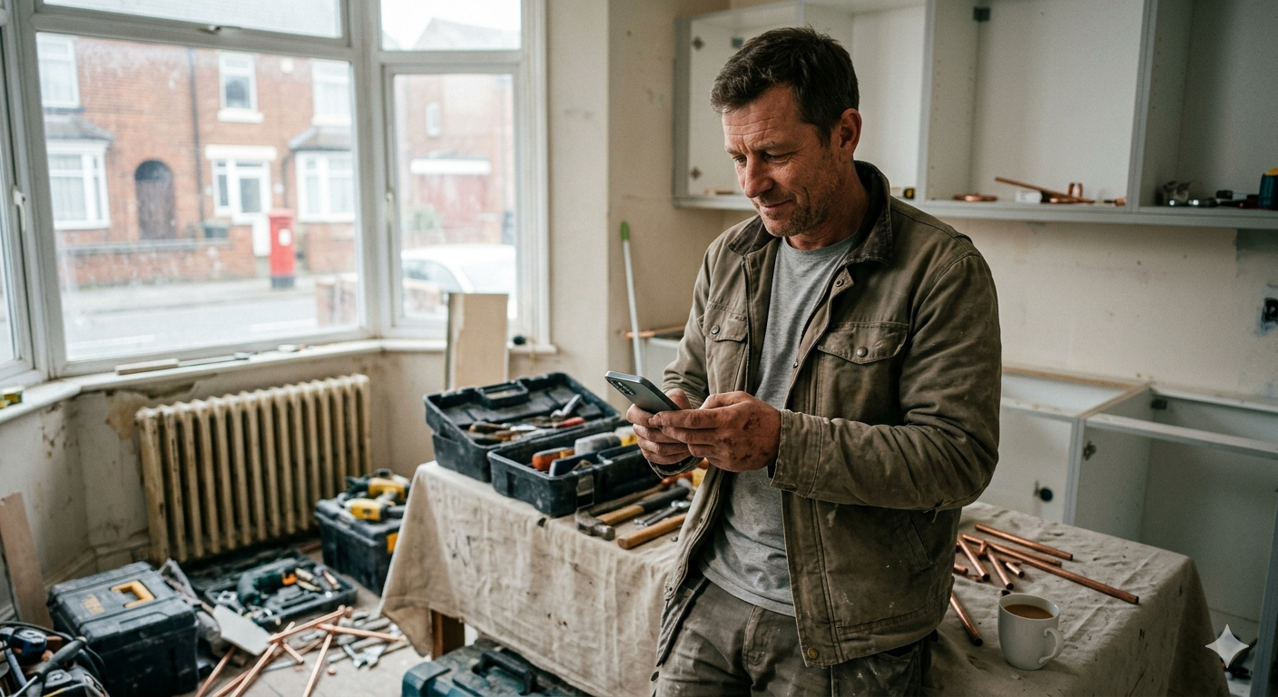 Tradesman checking his phone — enquiry recovered